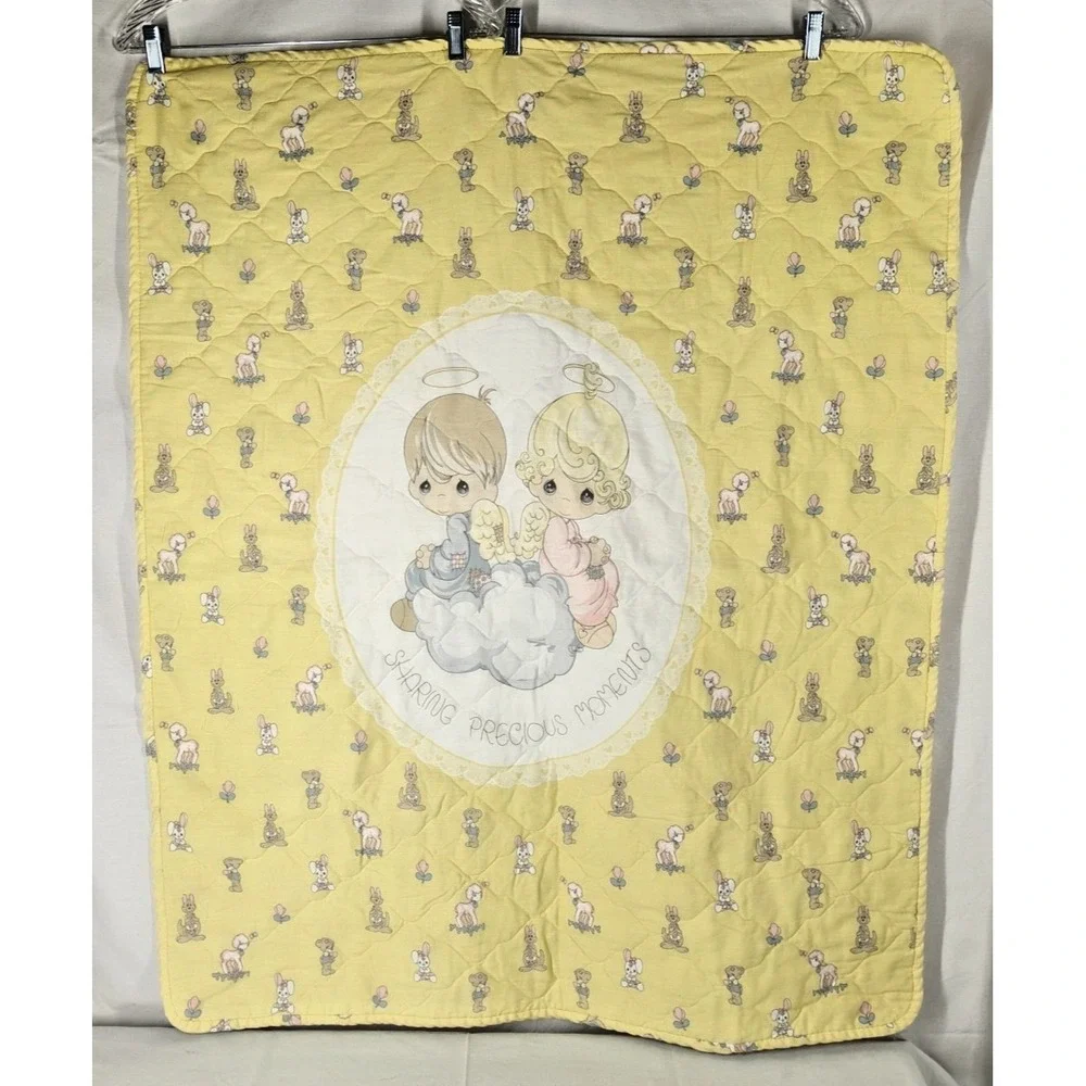 Vintage Double Sided Precious Moments Yellow‎ Baby Quilt Crib Toddler Blanket